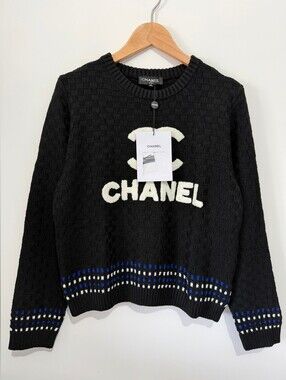 CHANEL Black Sweater with White Logo and Blue Accent Trim